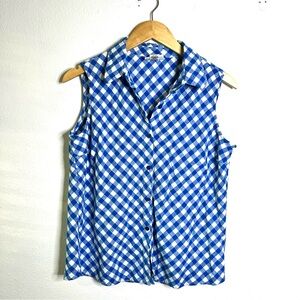 Jaclyn Smith linen Old Money Summer Blue White Gingham Sleeveless Shirt top L